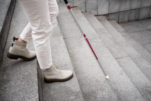 A person wearing white pants and light-colored boots is carefully walking down stone steps using a white cane, indicating that they are visually impaired.