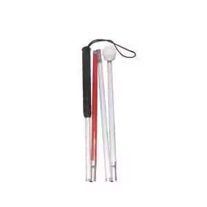 A white walking cane with a curved handle at the top, designed to provide stability and assistance for the user.